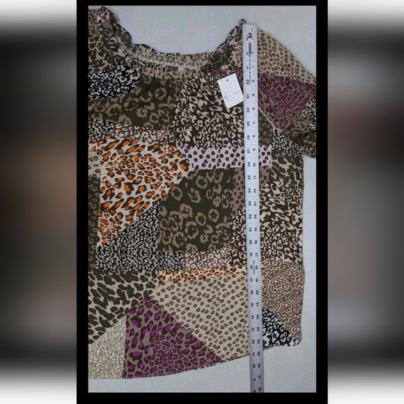 NWT est. 1848 Peasant Top Blouse Smocked Shoulder Patchwork Look Boho L Leopard - Picture 5 of 9